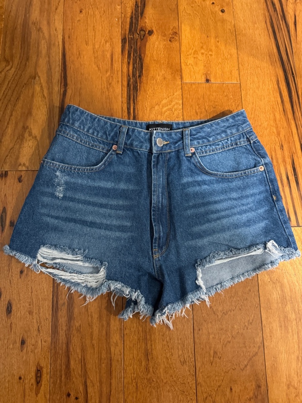 Kittenish Medium Blue Distressed High-Rise Jean Shorts